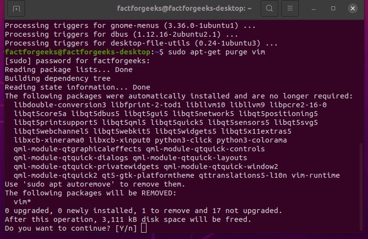 Uninstalling program in ubuntu using purge command. 